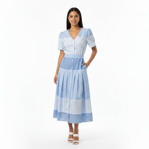 Beulah Style Midi Dress M Blue White Striped Button Front Short Sleeve Tie Belt